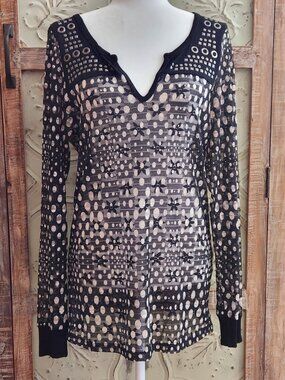 Vocal Sheer Mesh Black Studded Floral Dot Print Long Sleeve Tunic | S/M